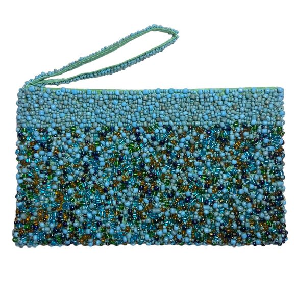 Handcrafted Beaded Clutch Bag Turquoise & Brown Beads Boho Chic Evening Purse - Picture 3 of 9